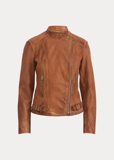 Chaquetas Ralph Lauren Mujer Marrom Oscuro - Leather Moto - QRXYH8364